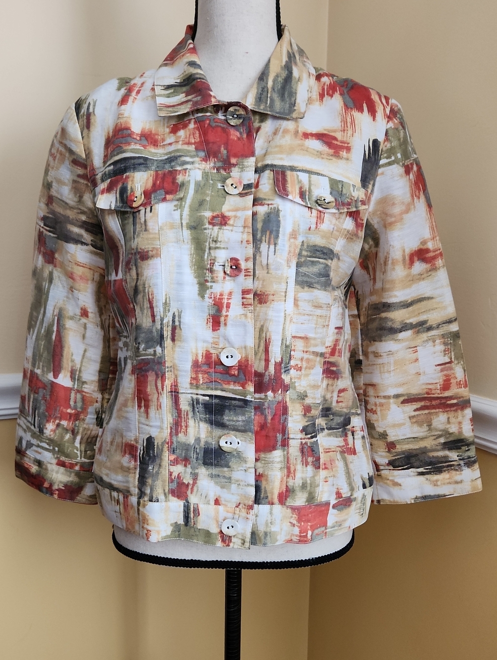 Chico's Brushstroke Print Linen Nylon Jean Jacket EUC Size Small